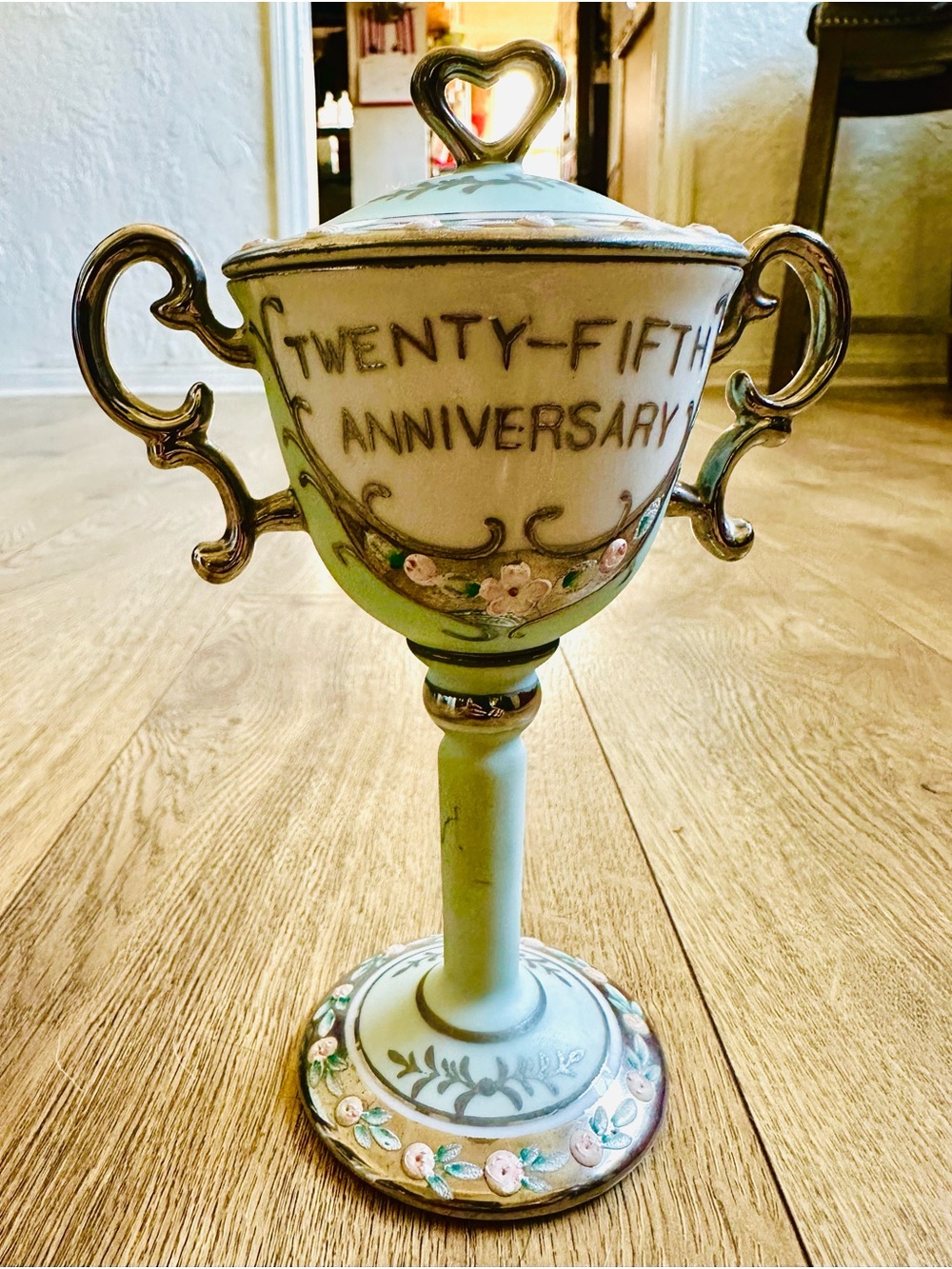 Mint Green 25th Anniversary Decorative Covered Goblet with Silver Accents